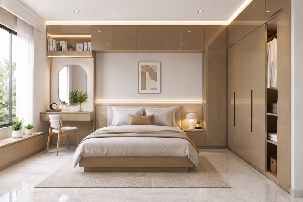 Không gian phòng ngủ hiện đại với cánh tủ Acrylic không đường line